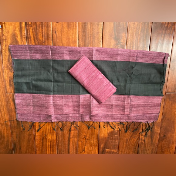 Cambodian Khmer Silk Two Tone Black Purple Handmade Scarf and Wallet set - Picture 2 of 5